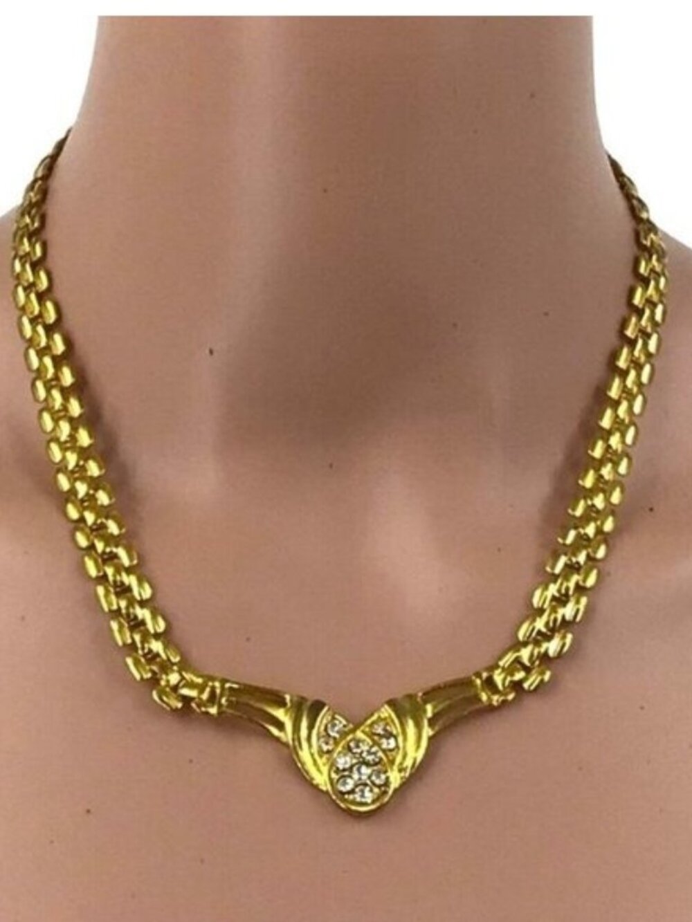 Vintage Statement Necklace Gold Tone Rhinestone Inlay 17 Inch Fold Over Clasp